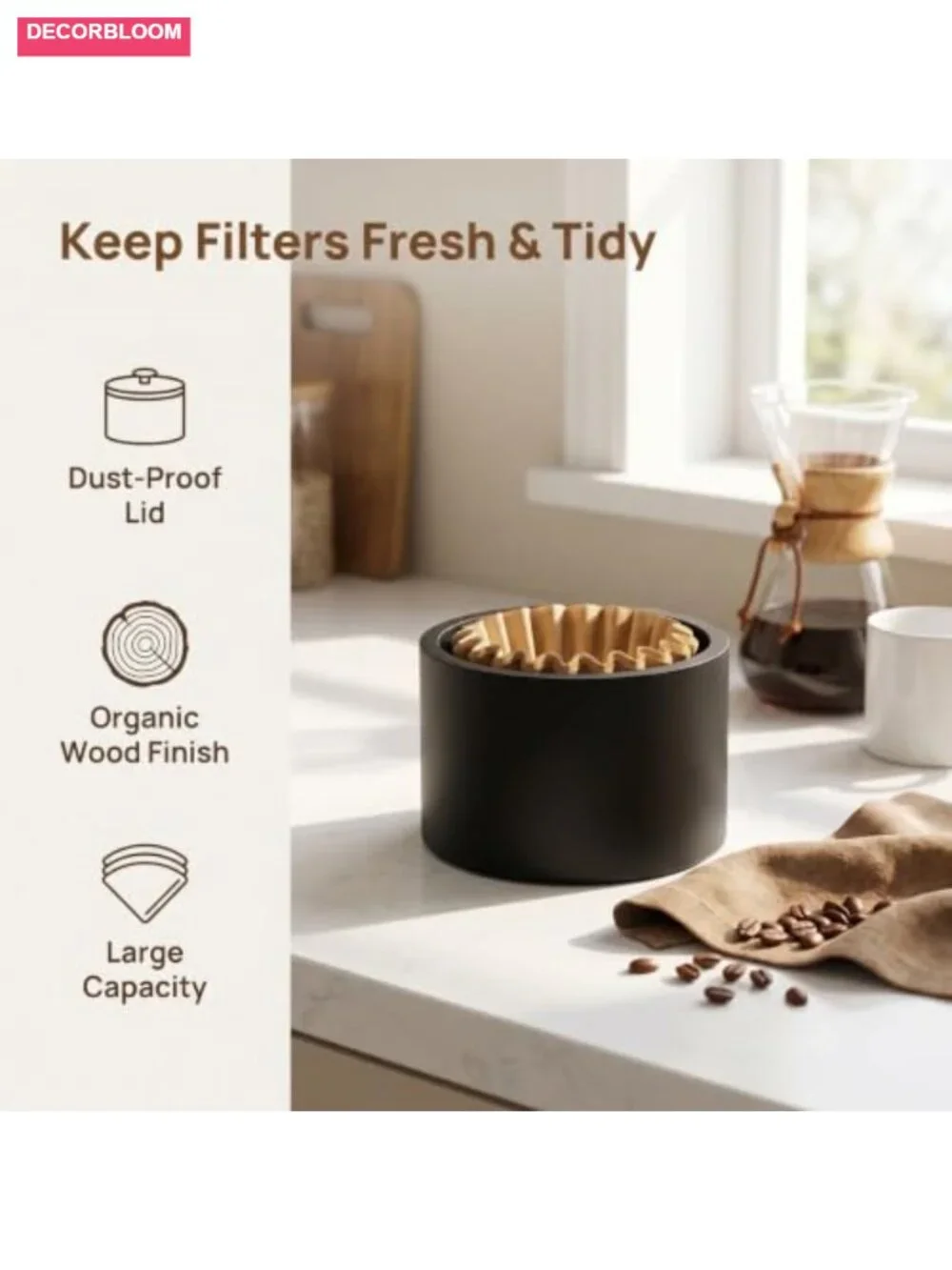 Wooden Coffee Filter Holder with Lid, Dustproof Large Storage with Handle